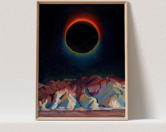 Desert Eclipse at Death Valley National Park prints, Desert wall art Giclee Print, Desert Prints Abstract Landscape, Moon Print Oil Painting