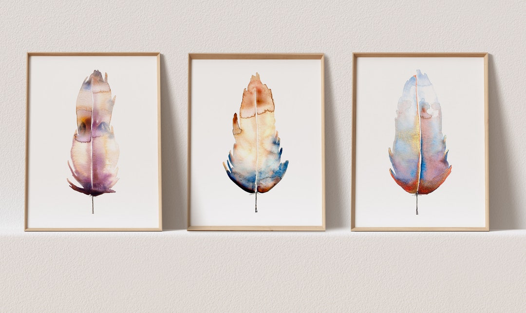 3 Piece Wall Art Gallery Wall Set of 3 Prints Watercolor Print Feathers ...