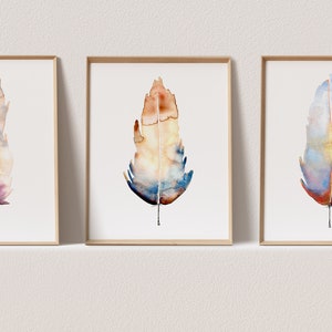 3 piece wall art Gallery Wall Set of 3 Prints Watercolor print Feathers Boho Wall Decor Feather Print Set of 3 Wall Art Extra Large Wall Art