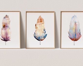 3 Piece Wall Art Gallery Wall Set Boho Wall Decor Watercolor Feather Print Set of 3 Prints Extra Large Wall Art Triptych Wall Art Giclee