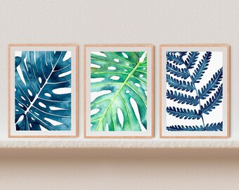 Botanical Print Set 3 Piece Wall Art Monstera Print Tropical Leaf Print Set of 3 Prints Coastal Wall Art Set of 3 Wall Art Watercolor Print