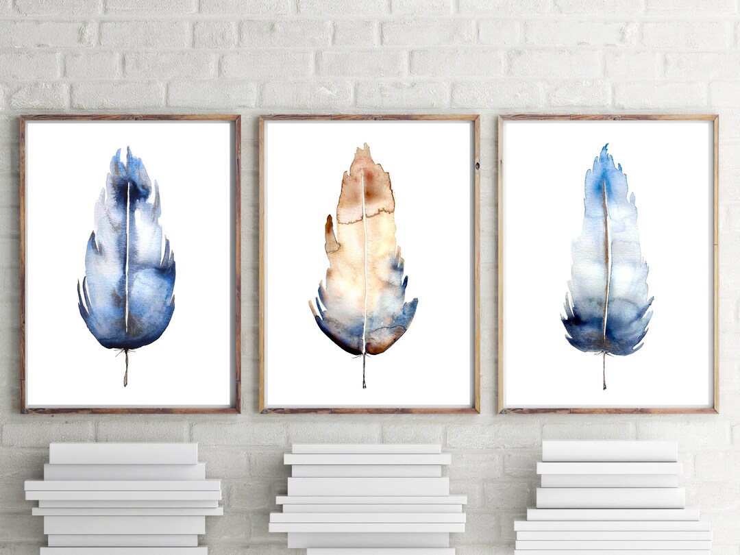 3 Piece Wall Art Feather Print Boho Wall Decor Watercolor Print Set of ...