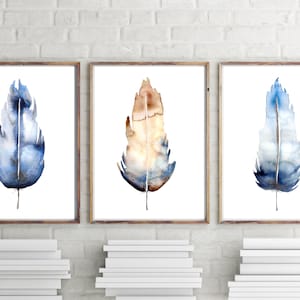 3 Piece Wall Art Feather Print Boho Wall Decor Watercolor Print Set of 3 Prints Set of 3 Wall Art Gallery Wall Set Triptych Wall Art Giclee