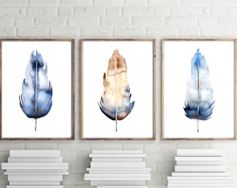 3 Piece Wall Art Feather Print Boho Wall Decor Watercolor Print Set of 3 Prints Set of 3 Wall Art Gallery Wall Set Triptych Wall Art Giclee