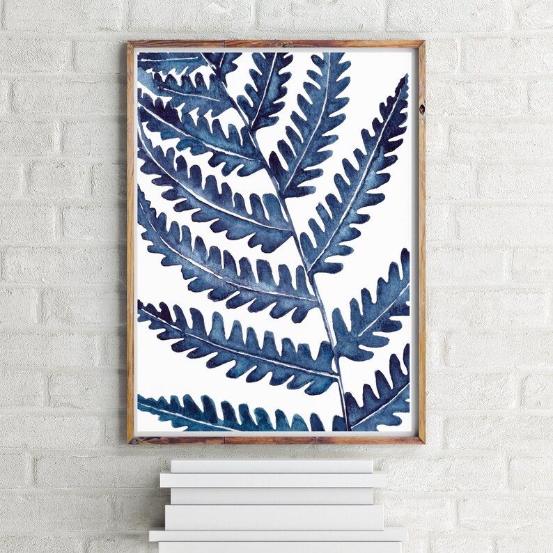 Blue Fern Print Blue Botanical Wall Art Prints Indigo Leaf Print Blue ...