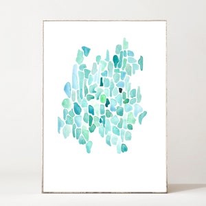 May include: Abstract watercolor painting with a blue and green color scheme. The painting is made up of many small, irregular shapes that are clustered together.