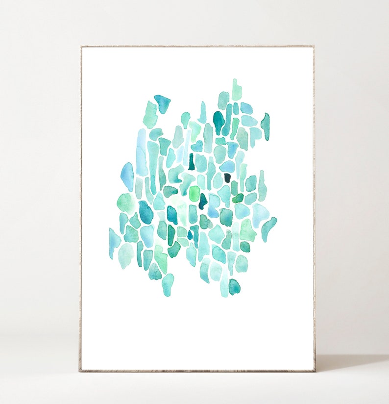 May include: Abstract watercolor painting with a blue and green color scheme. The painting is made up of many small, irregular shapes that are clustered together.