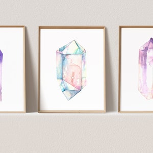 3 Piece Wall Art Crystal Print Watercolor Crystal Painting Set of 3 Prints Amethyst Boho Wall Decor Watercolor Print Set of 3 wall art Print