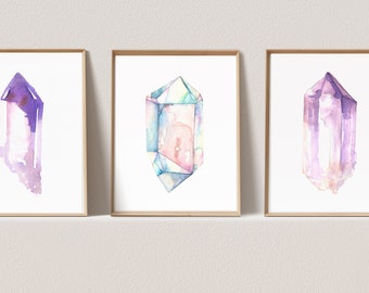 3 Piece Wall Art Crystal Print Watercolor Crystal Painting Set of 3 Prints Amethyst Boho Wall Decor Watercolor Print Set of 3 wall art Print