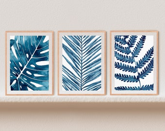 3 Piece Wall Art Monstera Print Tropical Leaf Print Set of 3 Prints Botanical Print Set Coastal Wall Art Set of 3 Wall Art Watercolor Print