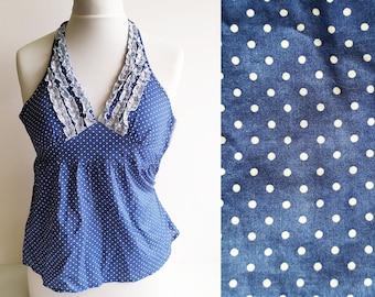 Vintage Polka Dot Top, Halter top, Blue polka dot top, Vintage top, Retro top, Pinup style, Dainty top, Blue halter top, Blue top, Blouse,XS