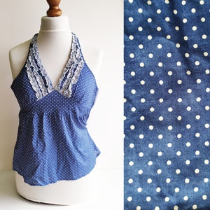 Vintage Polka Dot Top, Halter top, Blue polka dot top, Vintage top, Retro top, Pinup style, Dainty top, Blue halter top, Blue top, Blouse,XS