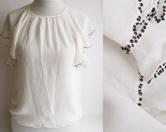 Vintage white blouse Beaded white blouse Beaded blouse Bohemian blouse Vintage blouse Beaded top Boho blouse Bohemian womens clothing Size S