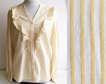 Camisa de rayas vintage, camisa de algodón, camisa de mujer, camisa de rayas amarillas, blusa de rayas, camisa de verano, camisa con cuello, blusa de verano, talla L