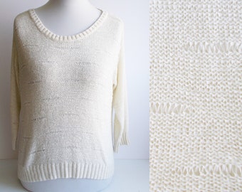 Vintage White Sweater, Womens white sweater, Light sweater, White pullover, Knitted sweater, Summer sweater, Sheer sweater, Size M