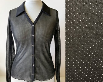 Vintage Polka Dot blouse, Black polka dot blouse, Sheer polka dot blouse, Sheer blouse, Long sleeve blouse, French blouse, French style, M