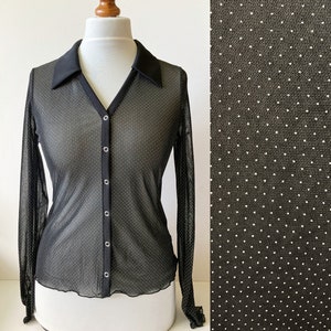 Vintage Polka Dot blouse, Black polka dot blouse, Sheer polka dot blouse, Sheer blouse, Long sleeve blouse, French blouse, French style, M