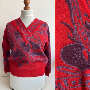 Vintage Wool Sweater, Red jumper, Sweater with design, Retro sweater, Bright sweater, Wool sweater, Danish sweater, Scandinavian design, S/M