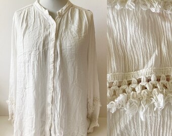 Vintage vit blus, Vit blus, Böljande blus, Klassisk vit blus, Bohoblus, Vit bohoblus, Bohoblus, Bohotopp, Storlek M/L