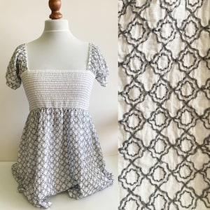 Vintage Cotton Blouse, White blouse, White cotton blouse, Summer blouse, Light blouse, White and gray blouse, Cotton top, Size S/M
