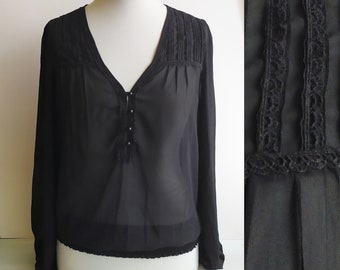 Vintage Bluse, Schwarze Bluse, Schiere Bluse, Spitzenbluse, Schwarze Bluse, Leichte Bluse, Feminine Bluse, Klassische Bluse, Größe M