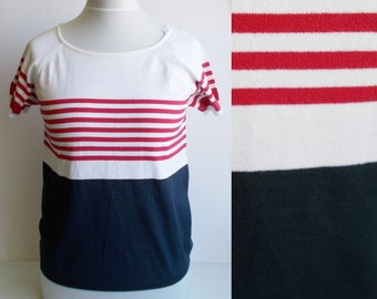 Vintage Nautical Shirt, Vintage Striped shirt, Sailor shirt, Blue red and white, Womens nautical shirt, Striped blouse, Summer shirt, L/M