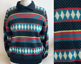 Vintage mens sweater, Patterned sweater, Collared sweater, Colorful sweater, Striped sweater, Unique sweater, Mens pullover, Gift for him, M