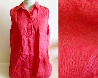 Vintage rosa blus, Rosa skjorta, Hot rosa blus, Ljusrosa blus, Rosa topp, Rosa skjorta med knappar, Ärmlös skjorta med knappar, Storlek L