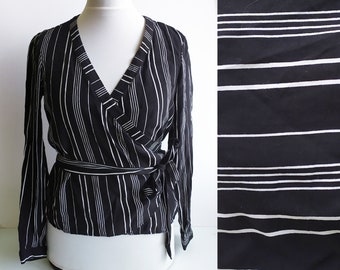 Vintage Wrap Blouse, Striped blouse, V-neck blouse, Black and white blouse, Striped top, Wrap around blouse, Monochrome top, Wrap top, M