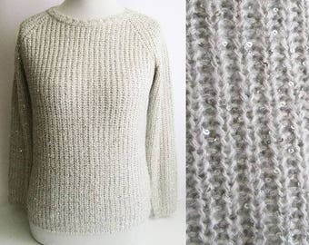 Vintage Gray Sweater, Silver Sweater, Metallic sweater, Womens gray sweater, womens knitted sweater, knit sweater, Gray pullover,  Size S