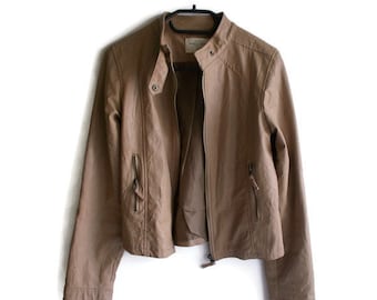 Vintage Leather Jacket, faux leather jacket, brown leather jacket, womens leather jacket, biker jacket, camel leather jacket, Size S/M