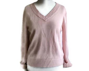 90s Vintage Pink Sweater, Vintage Womens sweater, Pink jumper, Pastel pink sweater, Vneck sweater, Knitted sweater, Knitted jumper, Size L