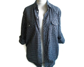 Vintage Plaid mens shirt, Mens Flannel, Cotton shirt, Blue checked shirt, Button down shirt, Size L