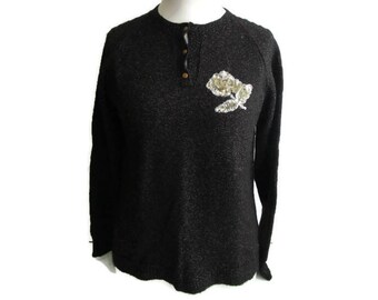 Vintage Womens Sweater, Glitter sweater, Shiny sweater, Womens black sweater, Floral sweater, Black pullover, Vintage knitted sweater, M
