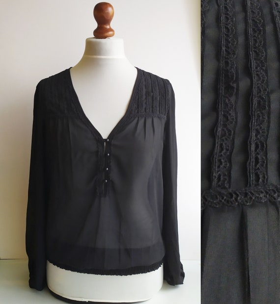 Vintage Blouse Black Blouse Sheer Blouse Lace Blouse Black | Etsy