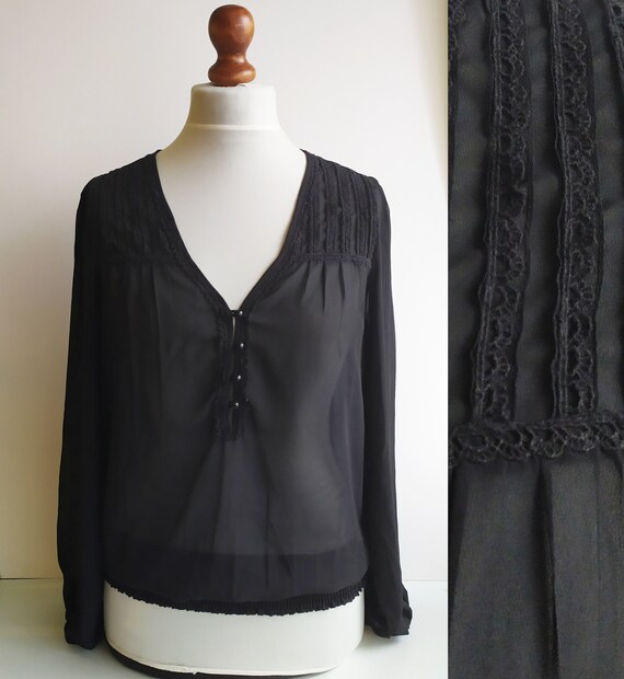 Vintage Blouse, Black blouse, Sheer blouse, Lace blouse, Black sheer blouse, Lightweight blouse, Feminine blouse, Classic blouse, Size M