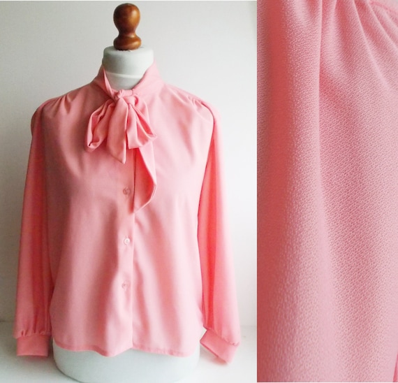 Vintage Blouse, Vintage Pink blouse, Tie blouse, Pink blouse, Feminine blouse, Retro blouse, Blouse with tie, Girly blouse, size M