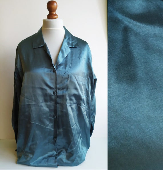 Vintage Satin Shirt, Satin blouse, Green shirt, Ja