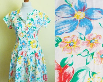 80-talsklänning, Blommig vintageklänning, Vintage 80-talsklänning, Sommarklänning, Retroklänning, Färgglad blommig klänning, Blommig miniklänning, Vardagsklänning, M