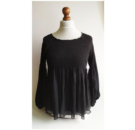 Vintage Black top, Elegant black top, Black blouse, Airy blouse, Smocked blouse, Simple black top, Timeless top, Dress top, Size S/M