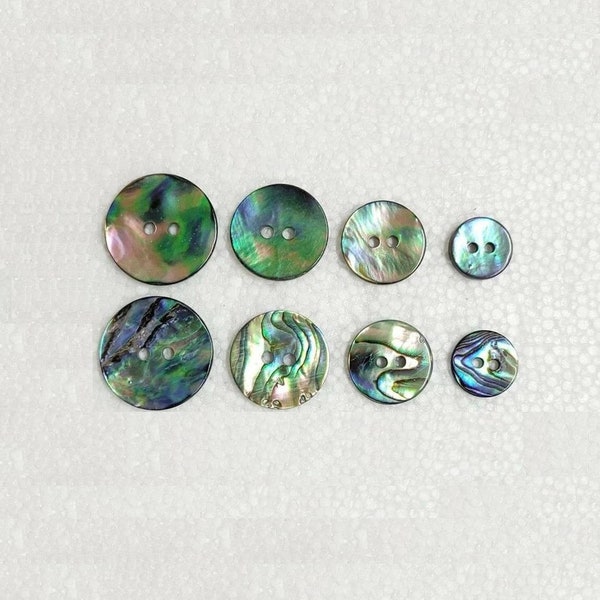 Bottoni in conchiglia di abalone 11mm 15mm 18mm 20mm Rotondi a 2 fori, confezioni da 5 o 10, moda, cucito, maglieria, perle iridescenti, decorazioni artigianali per camicie