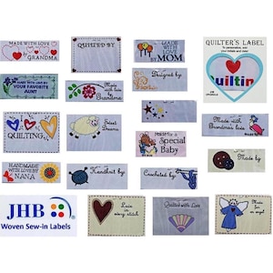 May include: A collection of colourful, rectangular, woven sew-in labels with various designs and text. The labels feature phrases like "Made with Love by Grandma", "Quilted by", "Handknit by", and "Love in every stitch".