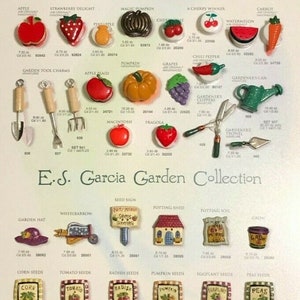 May include: A collection of colorful, hand-painted, plastic buttons featuring a garden theme. The buttons depict various garden items, including fruits, vegetables, tools, and gardening supplies. The buttons are arranged in rows and labeled with their names and prices.