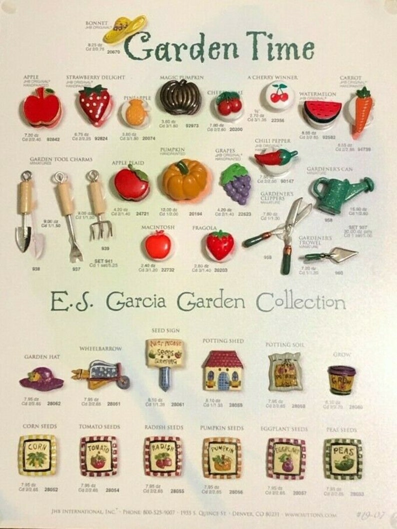 May include: A collection of colorful, hand-painted, plastic buttons featuring a garden theme. The buttons depict various garden items, including fruits, vegetables, tools, and gardening supplies. The buttons are arranged in rows and labeled with their names and prices.
