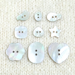 Novelty Agoya Shell Buttons 2 Hole Iridescent Akoya Pearl 9 Shapes Star Heart Flower Bird Square Oval Fish Water Droplet Oblong 10-1000 Pack