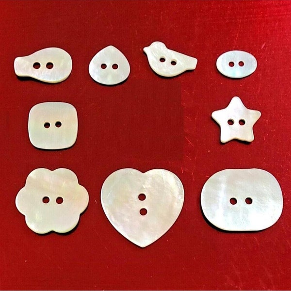 Novelty Akoya Shell Buttons 2 Hole 9 Shapes Packs of 10-1000 Natural Iridescent Agoya Star Heart Flower Bird Square Oval Fish Oblong Droplet