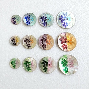 Agoya Shell Flower Buttons 15mm 20mm 23mm 28mm Round 2 Hole Floral Akoya Sea Pearl Blue Green Orange Sewing Knitting Art Craft Embellishment