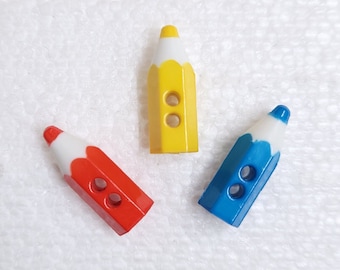 3 JHB Colour Pencil Buttons 20mm Plastic 2 Hole Novelty Blue Red Yellow Primary Color Pens Baby Kids Sewing Knitting Art Craft Embellishment