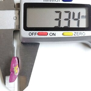May include: A close-up of a digital caliper measuring a small pink flower with yellow accents. The caliper reads 3.74 mm.