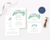 Mountain Wedding Stationery, Forest Invitation, Pine Trees Stationery, Calligraphy Quote, Adventure Awaits